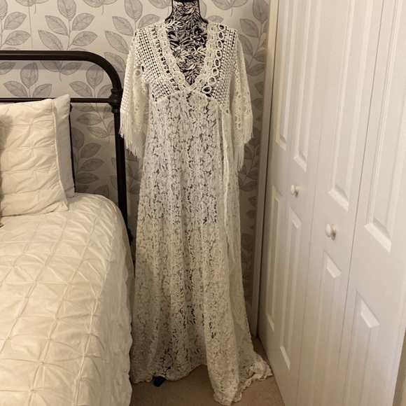 White lace sheer dress with train side slit leg maternity photo shoot boho gypsy - Picture 1 of 11